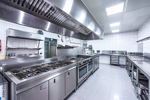 Interior of a modern kitchen with stainless steel stove and ovens