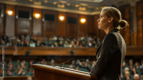 Woman politician in the congress speaking front view simetrical