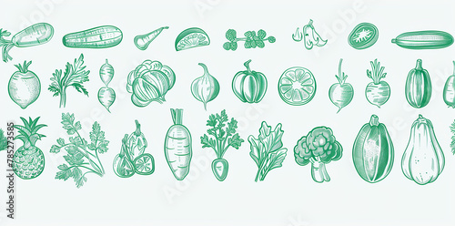 Green ink illustrations of various fruits and vegetables in a vector set on white.
