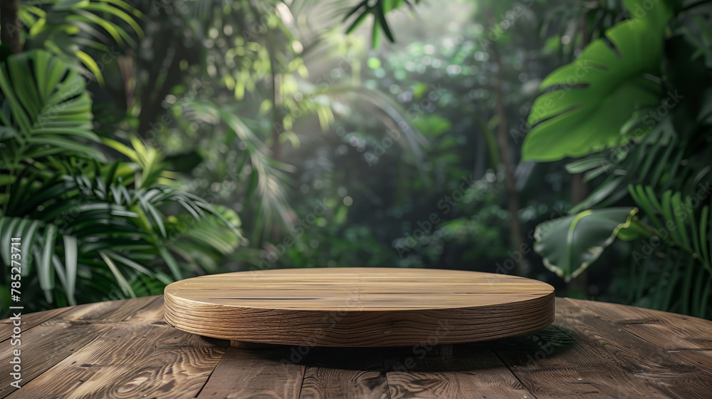 Wooden podium in tropical forest for product presentation and green background Wooden podium in tropical forest for product presentation and green background