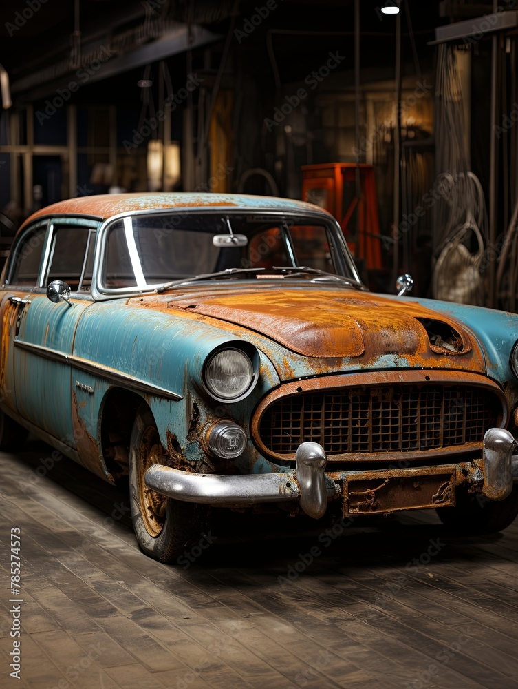 An old, vintage rusty car in the garage. Retro car in a car repair shop, Generative AI.