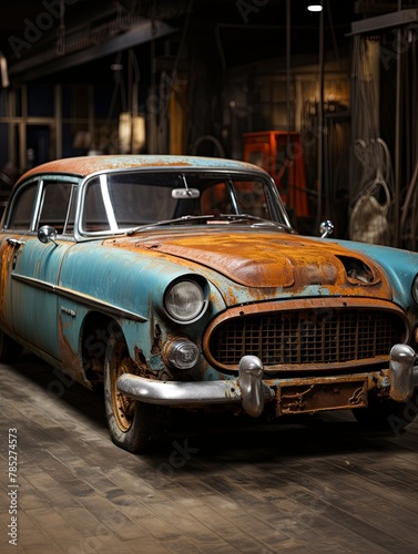 An old  vintage rusty car in the garage. Retro car in a car repair shop  Generative AI.