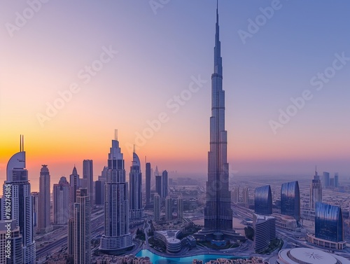 A city skyline with a large building in the middle. The sky is orange and the sun is setting © MaxK