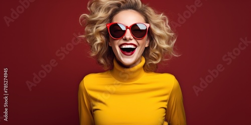 Photo of A woman holding up an empty frame with space for text on maroon background, excited expression, wearing sunglasses and yellow dress. 
