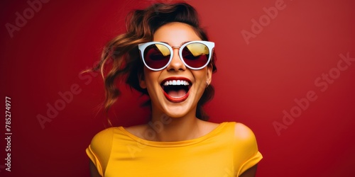Photo of A woman holding up an empty frame with space for text on maroon background, excited expression, wearing sunglasses and yellow dress.  © GalleryGlider