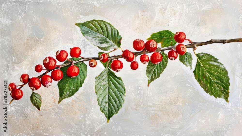A branch with red berries and green leaves atop, against a pristine white backdrop A branch with red berries and green leaves atop, against a pristine white backdrop