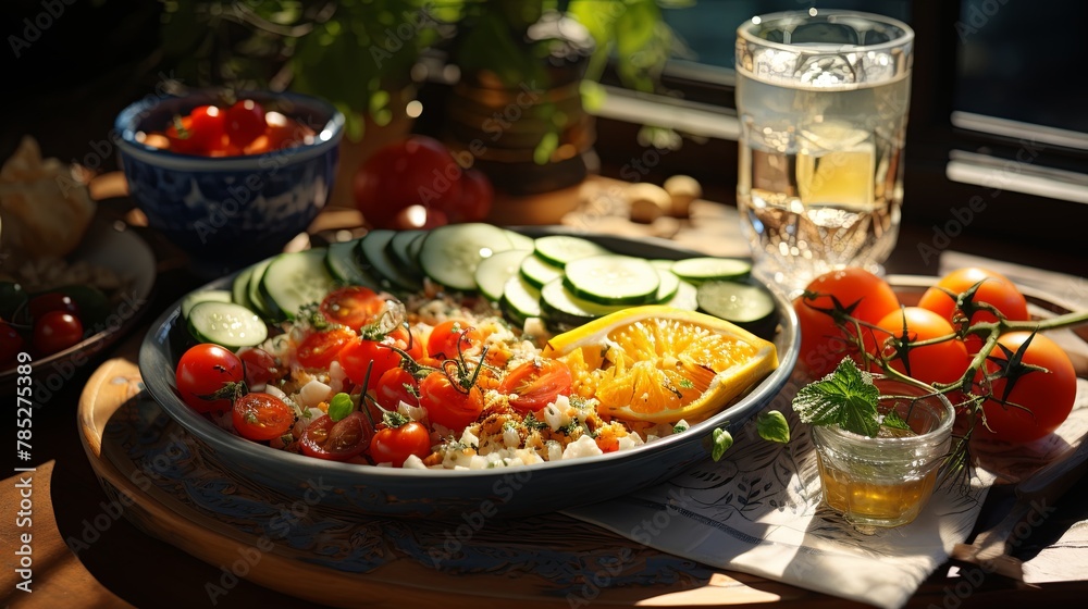 Freshness and healthy eating in a gourmet vegetarian salad meal, Visualize various summer diets and healthy dishes for eating in the heat, Generative AI. Freshness and healthy eating in a gourmet vegetarian salad meal, Visualize various summer diets and healthy dishes for eating in the heat, Generative AI.