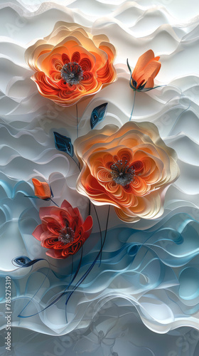 Orange flowers on a light background, in quilling style. © puhimec