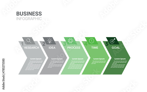 Business Infographic template. Design with numbers 5 options or steps. 5 Steps Modern Timeline diagram with progress arrows, presentation vector infographic. Grey and green photo