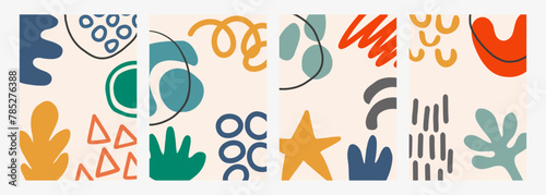 Set of cute backgrounds with various colorful hand drawn abstract shapes for creative graphic design. Vector illustration.