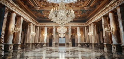 Crystal chandelier casts ethereal glow on immaculate marble ballroom interior.