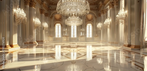 Elegant chandelier dazzles in opulent ballroom with glossy marble flooring. © Tayyab