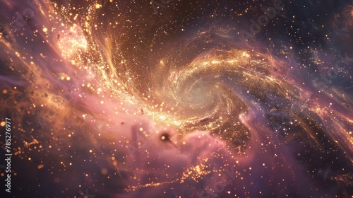 A swirling galaxy of stars and dust with a bright orange hue