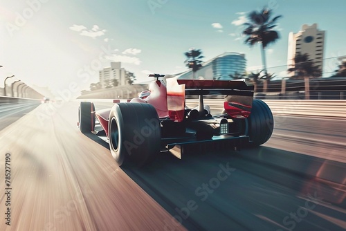 Red formula racing car on the road with blurred background, rear view. World Championship of auto racing photo