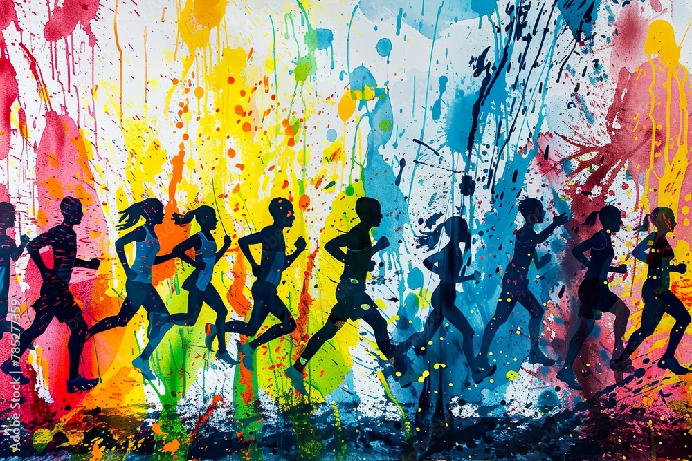Die Silhouetten von Läufern mit bunten Farbklecksen, unterschiedliche Sportler beim Marathon mit farbenfrohen Kleksen