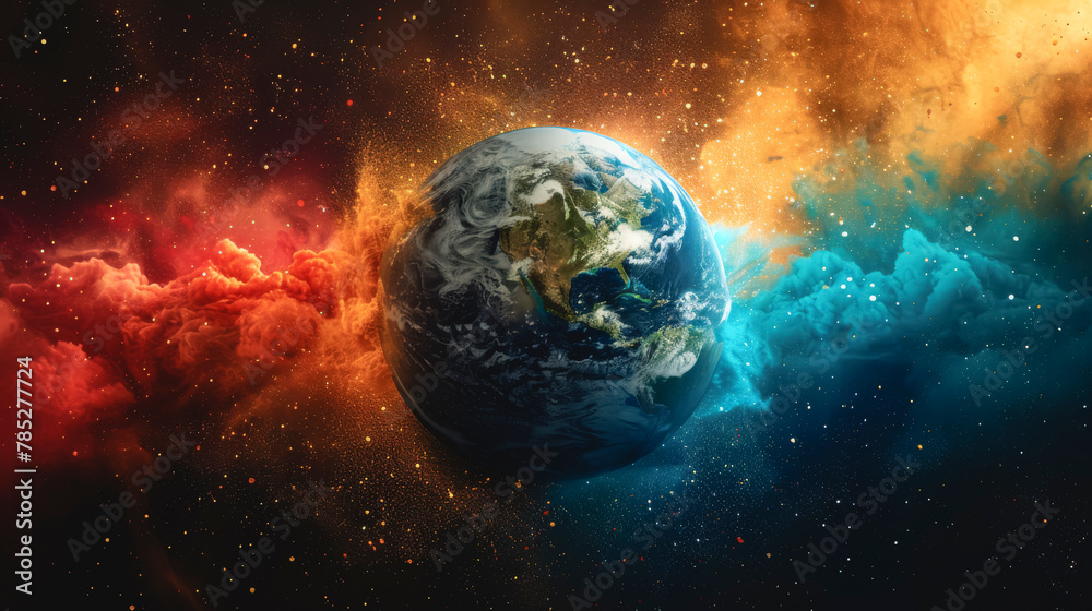 Obraz premium A stunning painting of the world with water and fire elements emerging from it.