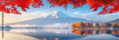 Berg Fuji Panorama im Herbst. banner lake autumn mount fuji