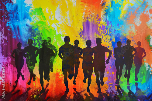 Die Silhouetten von Läufern mit bunten Farbklecksen, unterschiedliche Sportler beim Marathon mit farbenfrohen Kleksen