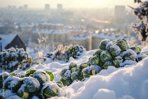 Brussels sprouts covered with fresh snow in the city photo