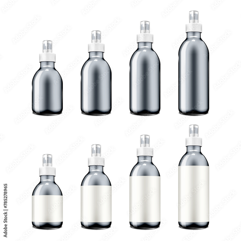 Obraz premium Fine mist spray translucent bottle with clear cap and white blank label. Different capacities. Realistic vector mockup set. Pump spraying container. Mock-up kit for design