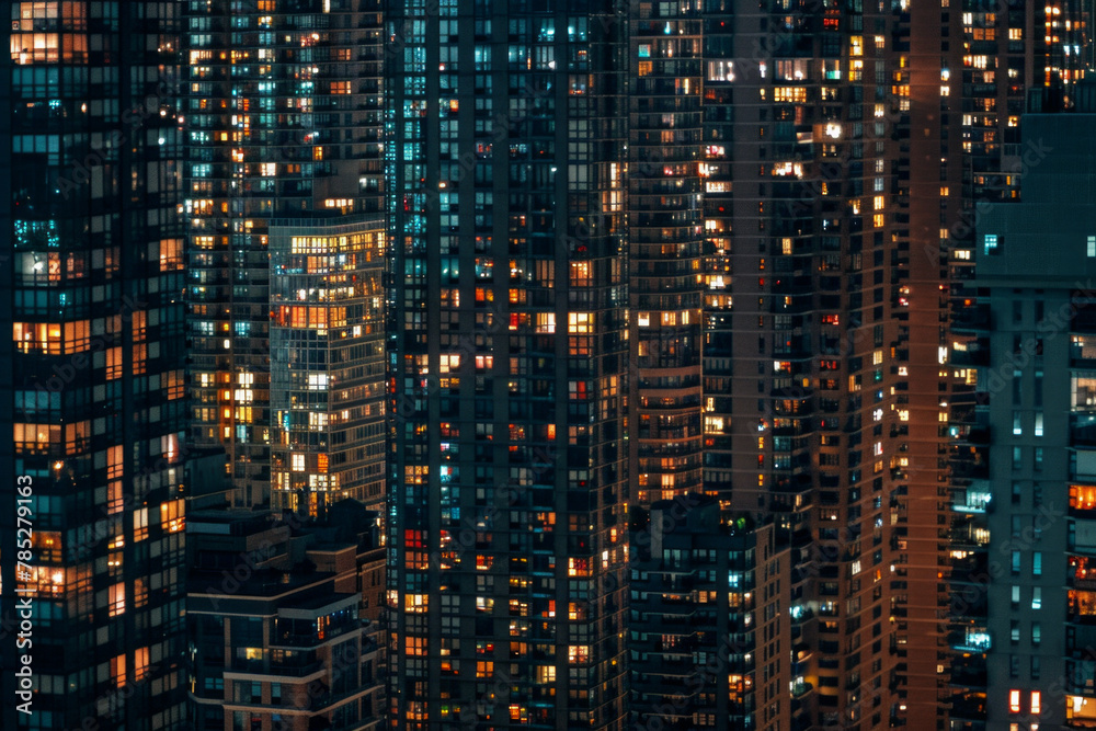 A closeup of skyscrapers in a city during nighttime using a telephoto lens