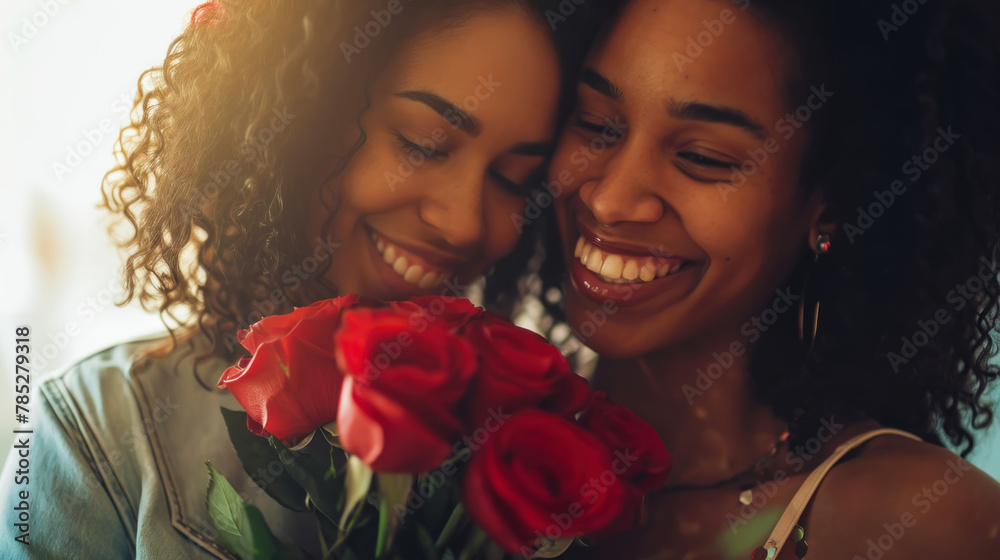 Happy young african american lesbian couple hugging with flowers. Engagement celebration. Pride concept. Generative AI Happy young african american lesbian couple hugging with flowers. Engagement celebration. Pride concept. Generative AI