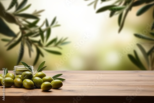 Olive background with a wooden table, product display template. Olive background with a wood floor. Olive and white photo of an empty room