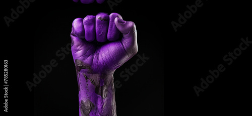 A hand with purple paint on it is raised in the air. The hand is painted purple and has a black background. purple colors painted hand raised making fist sign over black background