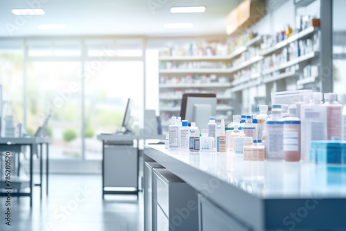 Blurred pharmacy drugstore interior with rows and shelves with medications remedies. Medical background photo