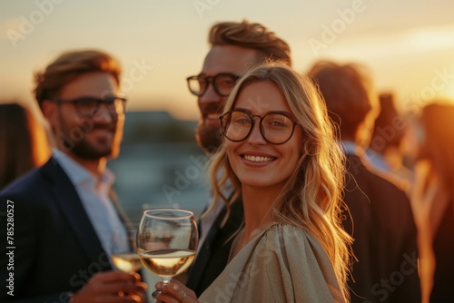 Vibrant social event with a group of people enjoying wine and socializing with elegant glassware