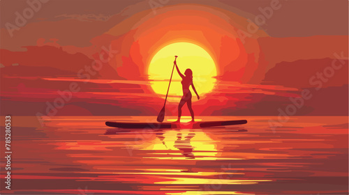 Silhouette of person doing yogon paddleboard at sunrise 