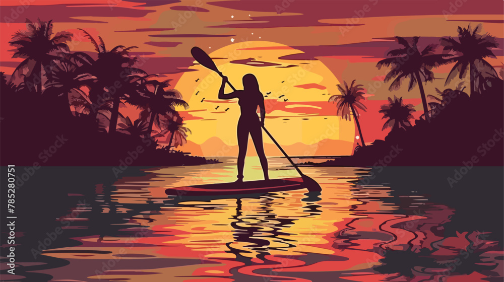 Silhouette of person doing yogon paddleboard at sunset 