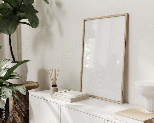 One frame mockup, Home interior background, Room in beige pastel colors, 3d render © J.Zhuk