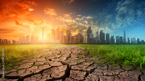 Contrasting Image of Drought and Green Cityscape Under a Sunset Sky