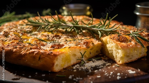 A closeup view of a fluffy  goldenbrown focaccia sprinkled with sea salt and rosemary leaves  super realistic soft shadown