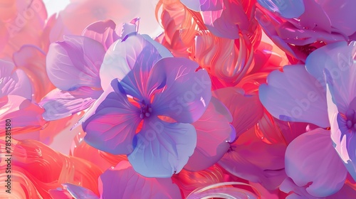  A pink and blue background adorned with a cluster of pink and purple flowers, centered by a white swirl