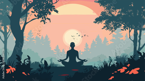 Silhouette of person meditating in serene forest 