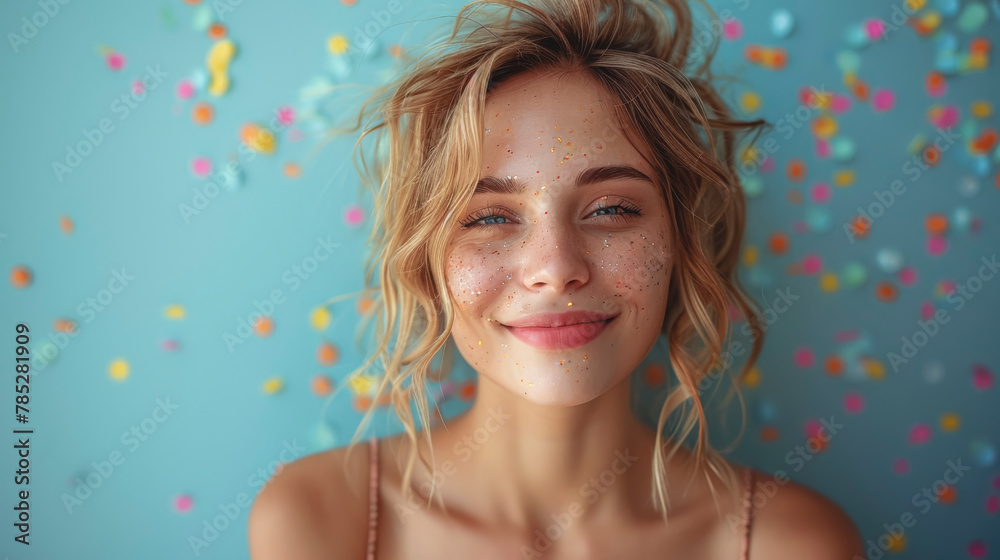 Blond woman with layered hair smiles amid falling confetti at a happy event. Blond woman with layered hair smiles amid falling confetti at a happy event.