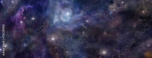 Fototapeta Naklejka Na Ścianę i Meble -  Deep dark outer space panoramic universe background - planets, stars, clouds, and nebula, the heavenly vast unknown up above us