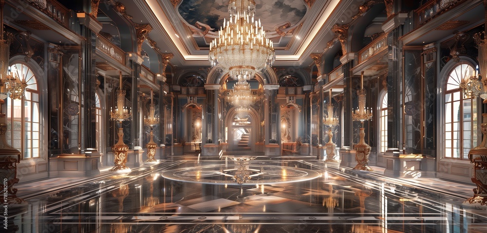 Exquisite chandelier dazzles in grand ballroom with glossy marble flooring.