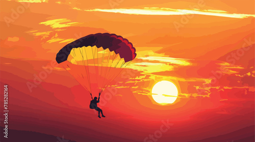 Silhouette of person parachuting from plane at sunset