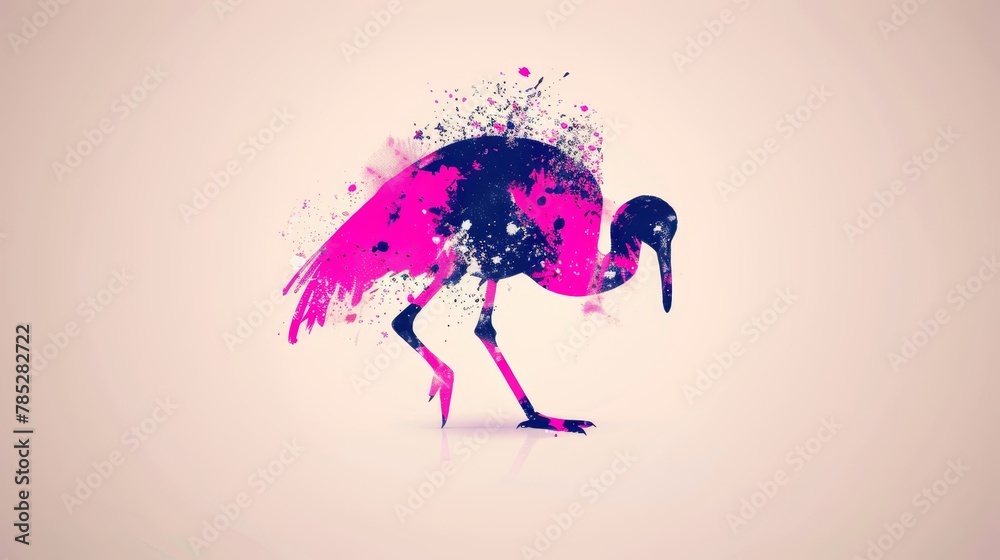 Fototapeta premium A pink-and-black bird with a long beak and neck stands against a light pink background, on a white surface