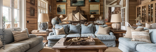 Rustic elaborate living room with nautical decorations on the walls photo