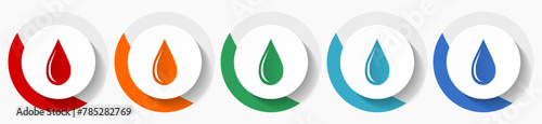 Oil, water drop vector icon set, flat icons for logo design, webdesign and mobile applications, colorful round buttons