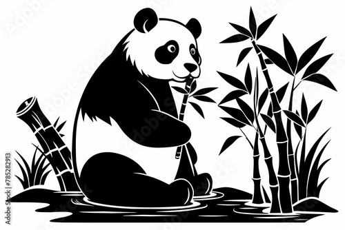 Black and white whimsical panda bear eating bamboo sitting on a branch near water silhouette vector style