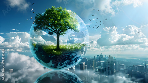 A surreal landscape depicting a tree inside a transparent globe above a cityscape.  
