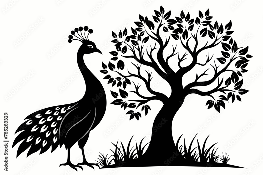 Captured a Captured a Peacock bird on a tree. silhouette black on white background bird on a tree Captured a Captured a Peacock bird on a tree. silhouette black on white background bird on a tree