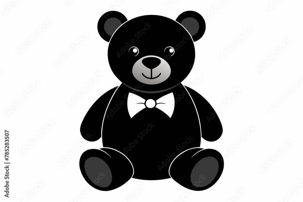 Classic teddy bear toy with a bow tie silhouette on white background