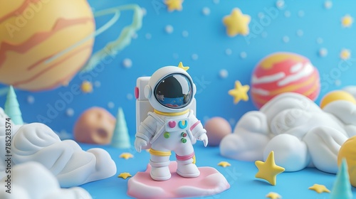 cute 3d clay astronaut in spacesuit, earth rainbow, cute color. rainbow, cloud and stars.