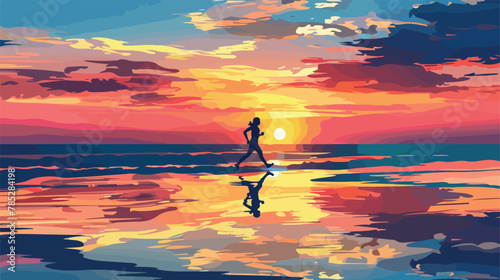 Silhouette of person running along beach at sunrise vector